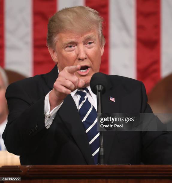 President Donald Trump addresses a joint session of the U.S. Congress on February 28, 2017 in the House chamber of the U.S. Capitol in Washington,...