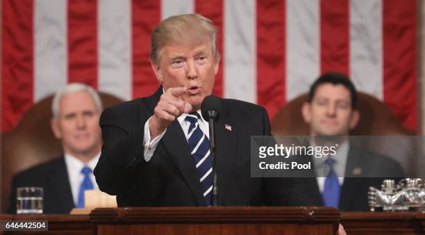President Donald J. Trump delivers his first address to a joint session of the U.S. Congress as U.S. Vice President Mike Pence and Speaker of the...