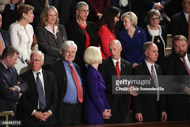 Former Speaker of the House Newt Gingrich and wife Callista Gingrich attend a joint session of the U.S. Congress with U.S. President Donald Trump on...