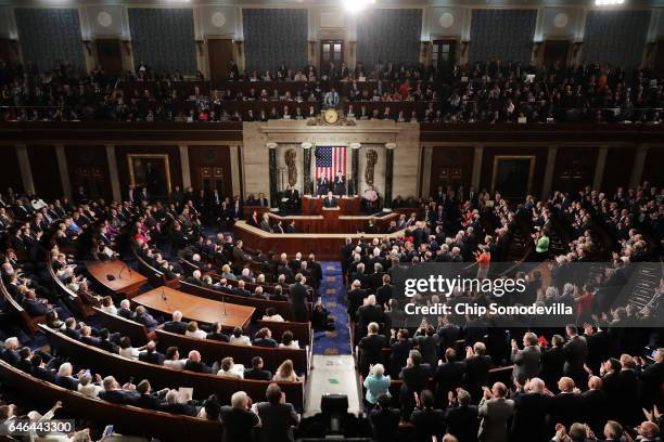 President Donald Trump addresses a joint session of the U.S. Congress on February 28, 2017 in the House chamber of the U.S. Capitol in Washington,...