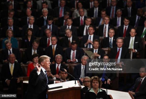 President Donald Trump addresses a joint session of the U.S. Congress on February 28, 2017 in the House chamber of the U.S. Capitol in Washington,...