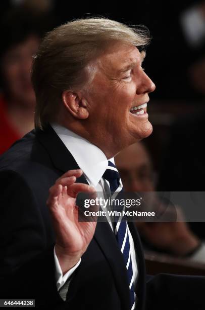 President Donald Trump addresses a joint session of the U.S. Congress on February 28, 2017 in the House chamber of the U.S. Capitol in Washington,...