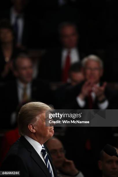 President Donald Trump addresses a joint session of the U.S. Congress on February 28, 2017 in the House chamber of the U.S. Capitol in Washington,...