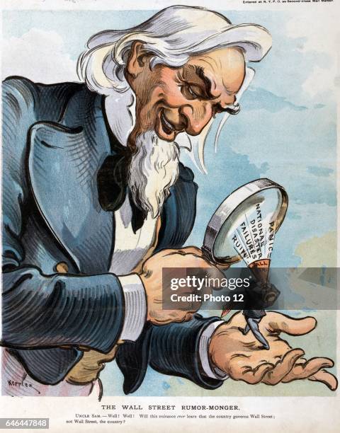 The Wall Street rumour-monger by Udo Keppler, 1872-1956, artist. Published 1903. Illustration shows Uncle Sam using a magnifying glass to see in his...