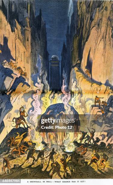 Snowball in hell; what chance has it got? by Udo Keppler, 1872-1956, artist. Published 1913 . Illustration shows Hell labelled 'Wall Street', where a...