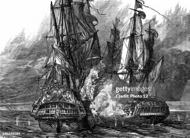 Admiral George Anson English naval commander, in the 'Centurion' taking the Spanish galleon 'Nostra Signora de Cabadonga' off the Philippines. War of...