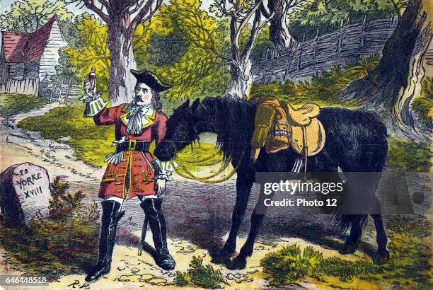 Dick Turpin English robber and highwayman. Subject of many romantic stories especially his ride to York on his mare Black Bess. Here he is giving the...