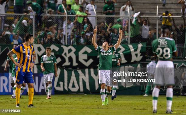 Colombian Deportivo Cali midfielder Nicolas Benedetti celebrates after scoring against Paraguayan Sportivo Luqueno during their Sudamericana Cup...