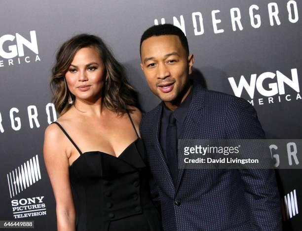Television personality Chrissy Teigen and singer John Legend attend the premiere of WGN America's "Underground" Season 2 at Westwood Village on...