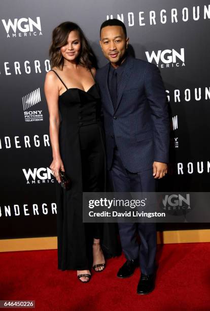 Television personality Chrissy Teigen and singer John Legend attend the premiere of WGN America's "Underground" Season 2 at Westwood Village on...