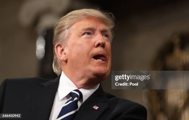 President Donald Trump addresses a joint session of the U.S. Congress on February 28, 2017 in the House chamber of the U.S. Capitol in Washington,...