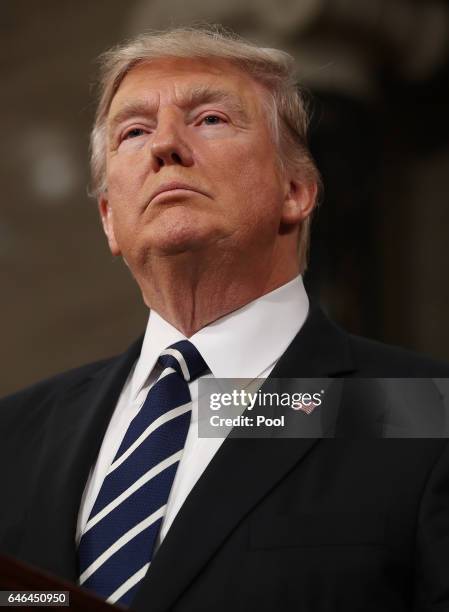 President Donald Trump addresses a joint session of the U.S. Congress on February 28, 2017 in the House chamber of the U.S. Capitol in Washington,...