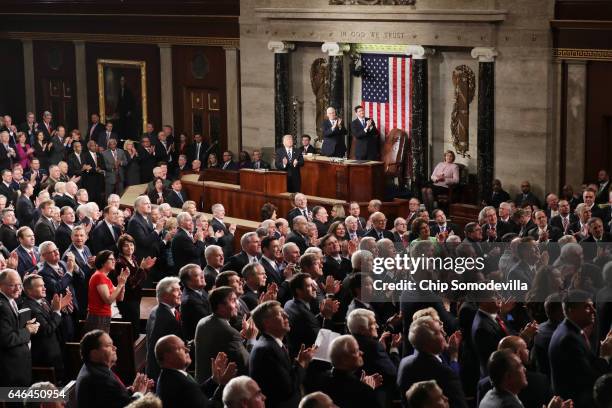 President Donald Trump addresses a joint session of the U.S. Congress on February 28, 2017 in the House chamber of the U.S. Capitol in Washington,...