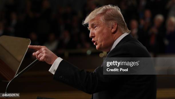 President Donald Trump addresses a joint session of the U.S. Congress on February 28, 2017 in the House chamber of the U.S. Capitol in Washington,...