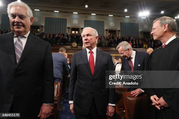 Secretary of State Rex Tillerson and Attorney General Jeff Sessions arrive for US President Donald J. Trump's first address to a joint session of...