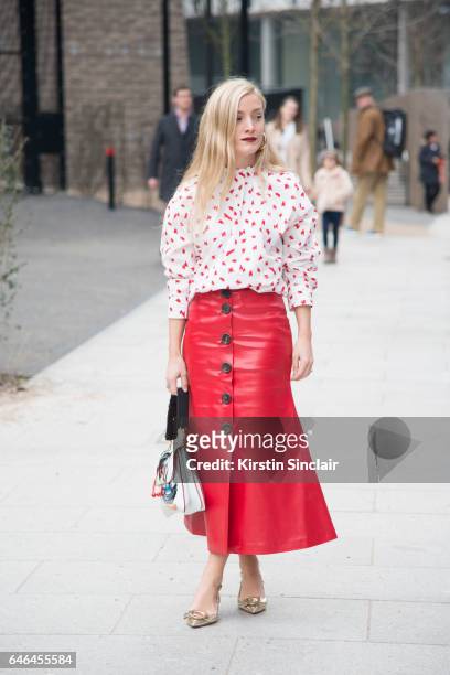Fashion stylist Kate Foley Osterweis wears a JW Anderson, AWAKE skirt Frances Valentine shoes bag on day 2 of London Womens Fashion Week...