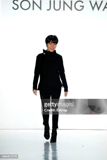 Designer Son Jung Wan walks the runway at the Son Jung Wan show during the New York Fashion Week February 2017 collections on February 11, 2017 in...