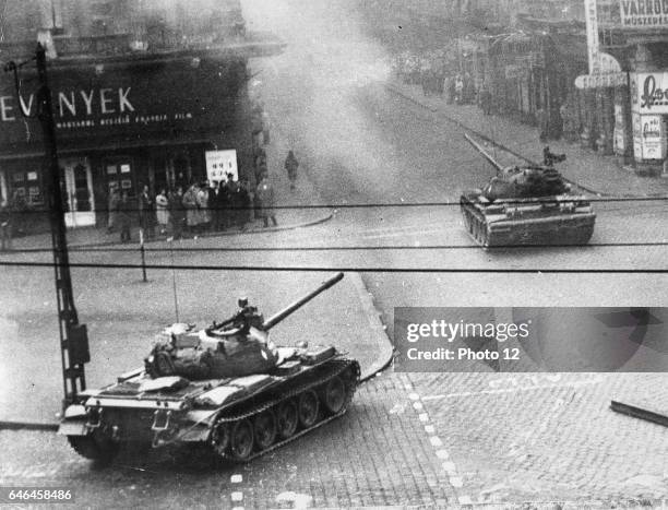 Hungarian uprising, October 1956. Soviet tanks in the streets of Budapest.