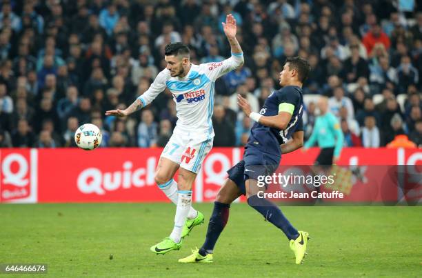 Remy Cabella of OM and Thiago Silva of PSG in action during the French Ligue 1 match between Olympique de Marseille and Paris Saint Germain at Stade...