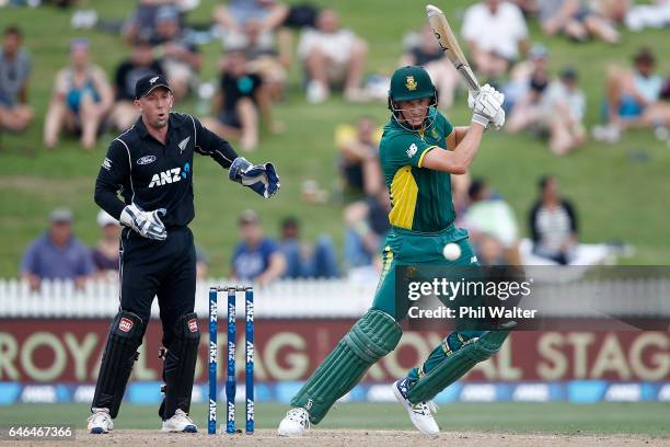 Chris Morris of South Africa bats during game four of the One Day International series between New Zealand and South Africa at on March 1, 2017 in...