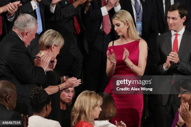 Widow of Fallen Navy Seal, Senior Chief William Owens, Carryn Owens, Ivanka Trump and Jared Kusher attend a joint session of the U.S. Congress with...