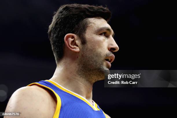 Zaza Pachulia of the Golden State Warriors looks on against the Washington Wizards at Verizon Center on February 28, 2017 in Washington, DC. NOTE TO...