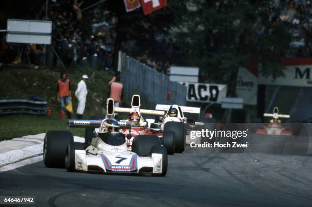 Formel 1, Grand Prix Italien 1975, Monza, Carlos Reutemann, Brabham-Ford BT44B Emerson Fittipaldi, McLaren-Ford M23 James Hunt, Hesketh-Ford 308C...