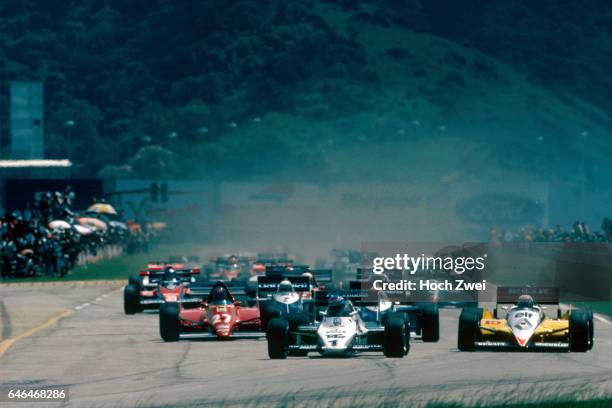 Formel 1, Grand Prix Brasilien 1983, Jacarepagua, Rio de Janeiro, Start Keke Rosberg, Williams-Honda FW08C Alain Prost, Renault RE30C Nelson Piquet,...