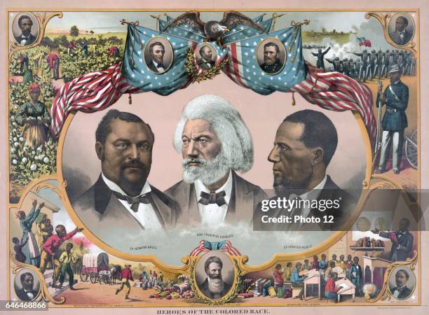 Heroes of the "Coloured Race" : portraits of Blanche Kelso Bruce, Frederick Douglass, and Hirah Rhoades Revels, surrounded by vignettes of African...