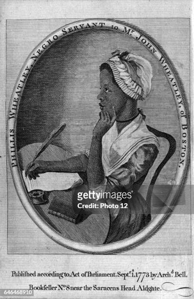 Phillis Wheatley, from frontispiece of her "Poems on Various Subjects". Enslaved aged sevn, purchased by Wheatley family of Boston, Mass, who...