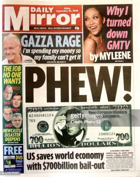 Front page of "The Mirror" newspaper 26th September 2008 Lead story : Collapse of stock market values following the Global Economic Crisis.