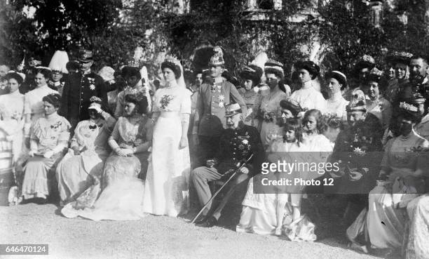 Franz Joseph I, Emperor of Austria, seated centre, at the marriage of Archduke Charles to Princess Zita of Bourbon-Parma at Schwarzau Castle, 21...