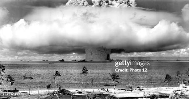 United States detonating an atomic bomb at Bikini Atoll in Micronesia for the first underwater test of the device in 1946.