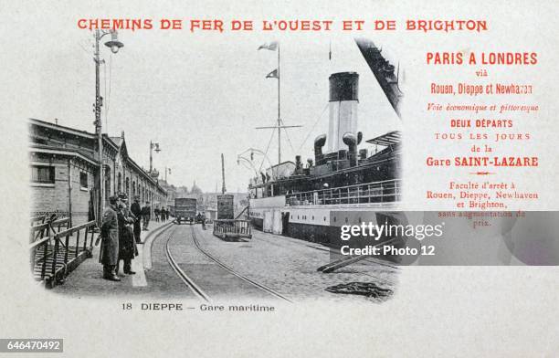 Paris-London, station at Dieppe - France. Steamer which carried train across the English Channel. 1900 Postcard.