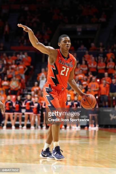 Illinois Fighting Illini guard Malcolm Hill signals a play during the Big Ten conference game against the Northwestern Wildcats on February 21, 2017...