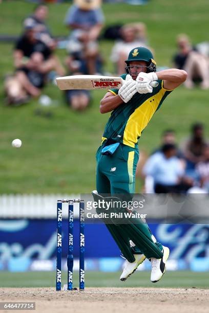 De Villiers of South Africa bats during game four of the One Day International series between New Zealand and South Africa at on March 1, 2017 in...