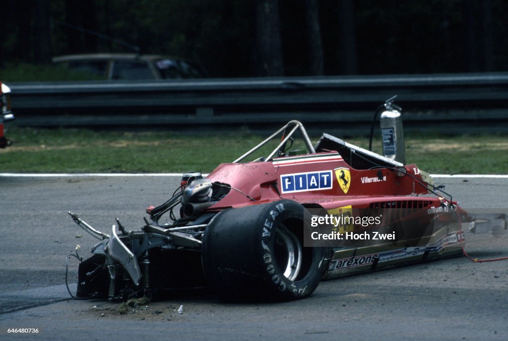 Formel 1, Grand Prix Belgien 1982, Zolder, 09.05.1982 Toedlicher Trainingsunfall Gilles Villeneuve Unfallwagen Ferrari 1