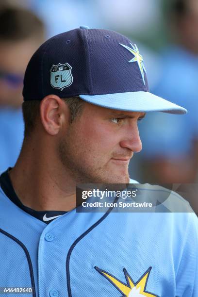 Nick Ciuffo of the Rays in the dugout during the spring training game between the Tampa Bay Rays and the Philadelphia Phillies on February 27, 2017...