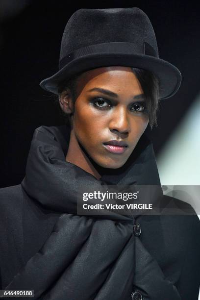 Model walks the runway at the Giorgio Armani Ready to Wear fashion show during Milan Fashion Week Fall/Winter 2017/18 on February 27, 2017 in Milan,...