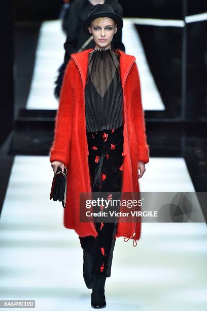 Model walks the runway at the Giorgio Armani Ready to Wear fashion show during Milan Fashion Week Fall/Winter 2017/18 on February 27, 2017 in Milan,...