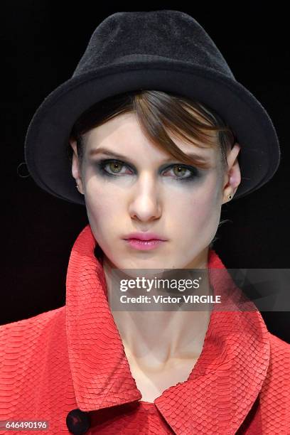 Model walks the runway at the Giorgio Armani Ready to Wear fashion show during Milan Fashion Week Fall/Winter 2017/18 on February 27, 2017 in Milan,...