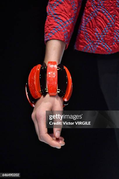 Model walks the runway at the Giorgio Armani Ready to Wear fashion show during Milan Fashion Week Fall/Winter 2017/18 on February 27, 2017 in Milan,...