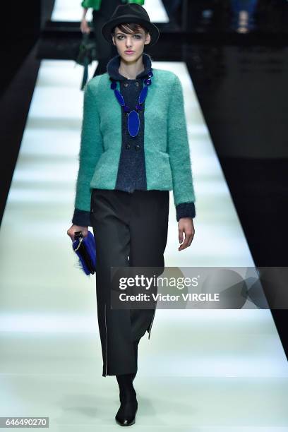 Model walks the runway at the Giorgio Armani Ready to Wear fashion show during Milan Fashion Week Fall/Winter 2017/18 on February 27, 2017 in Milan,...