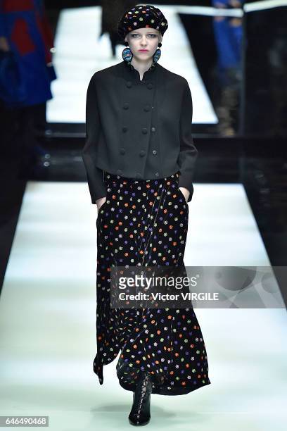 Model walks the runway at the Giorgio Armani Ready to Wear fashion show during Milan Fashion Week Fall/Winter 2017/18 on February 27, 2017 in Milan,...