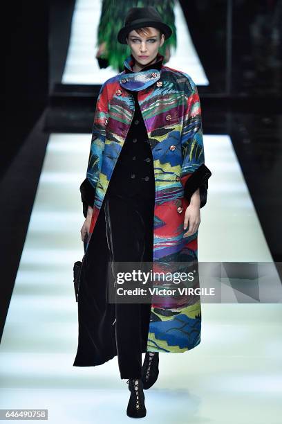 Model walks the runway at the Giorgio Armani Ready to Wear fashion show during Milan Fashion Week Fall/Winter 2017/18 on February 27, 2017 in Milan,...