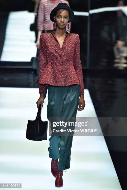 Model walks the runway at the Giorgio Armani Ready to Wear fashion show during Milan Fashion Week Fall/Winter 2017/18 on February 27, 2017 in Milan,...