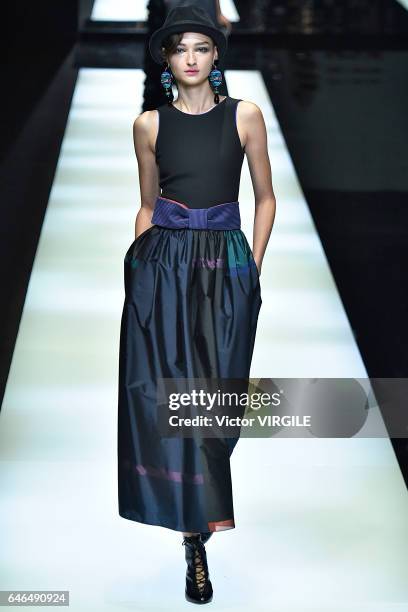 Model walks the runway at the Giorgio Armani Ready to Wear fashion show during Milan Fashion Week Fall/Winter 2017/18 on February 27, 2017 in Milan,...