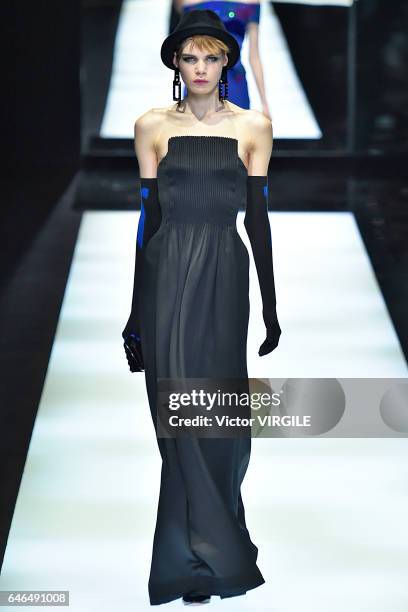 Model walks the runway at the Giorgio Armani Ready to Wear fashion show during Milan Fashion Week Fall/Winter 2017/18 on February 27, 2017 in Milan,...