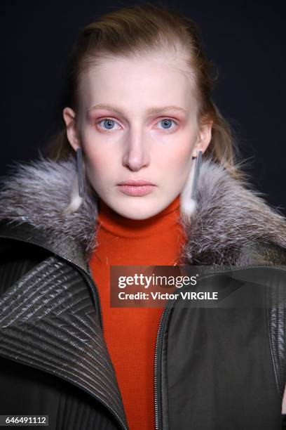 Model backstage at the Salvatore Ferragamo Ready to Wear fashion show during Milan Fashion Week Fall/Winter 2017/18 on February 26, 2017 in Milan,...