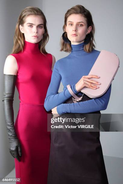 Model backstage at the Salvatore Ferragamo Ready to Wear fashion show during Milan Fashion Week Fall/Winter 2017/18 on February 26, 2017 in Milan,...